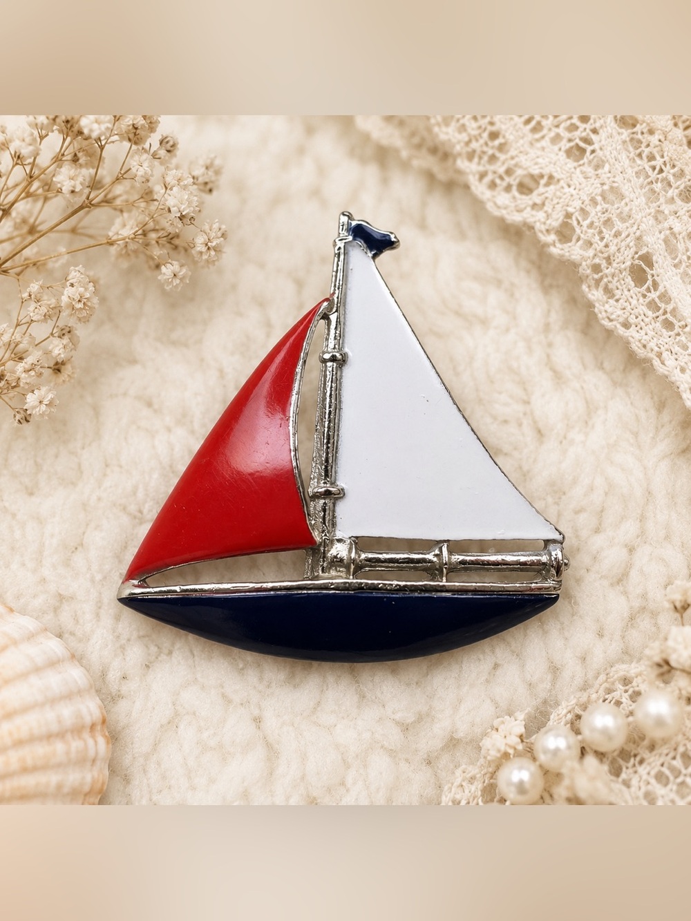 Vintage Red White Blue Enamel Sailboat Brooch Nautical Boat Pin Silver Tone